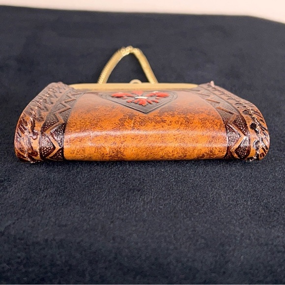 HANDMADE TOOLED LEATHER COIN PURSE GOLD CHAIN PAINTED FLEUR DE LIS WESTERN - Picture 4 of 14